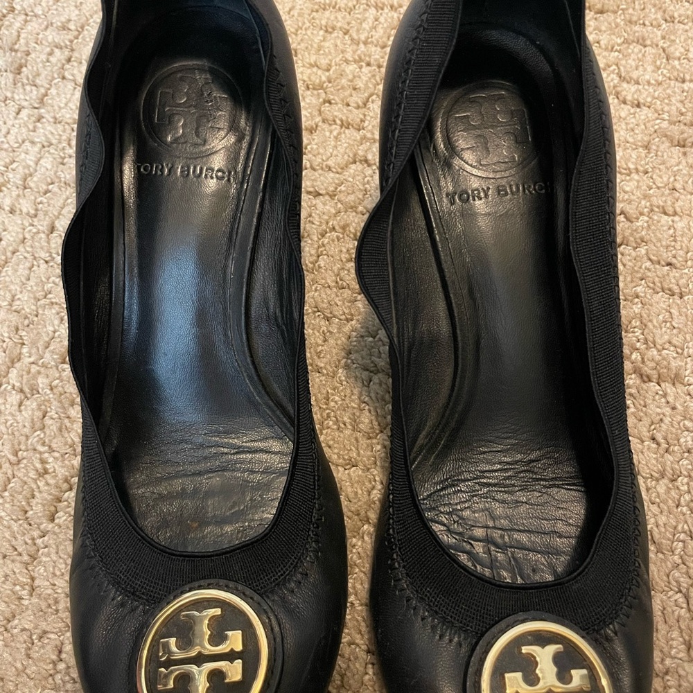 Tory Burch Navy Leather Wedges with Gold Logo